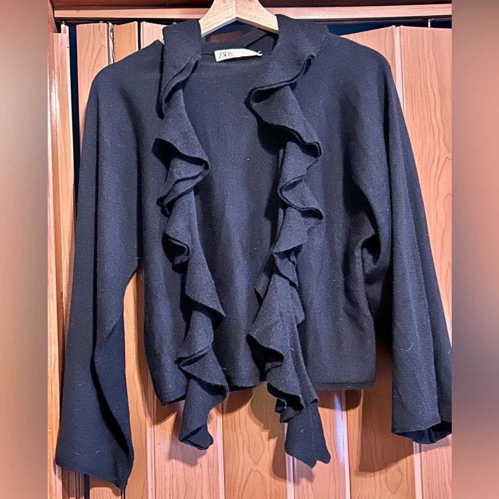 ZARA ruffle scarf wool blend navy blue Sweater size small NWT
